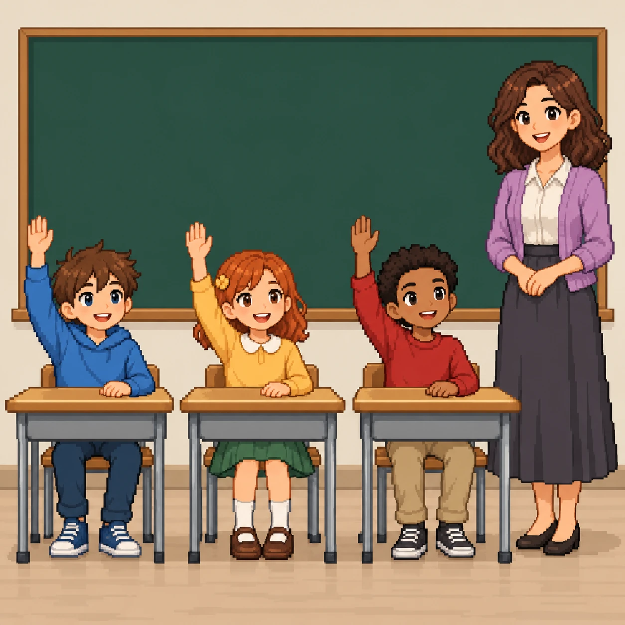 칠판 앞에서 손을 드는 학생들 일러스트 (픽셀 아트)
