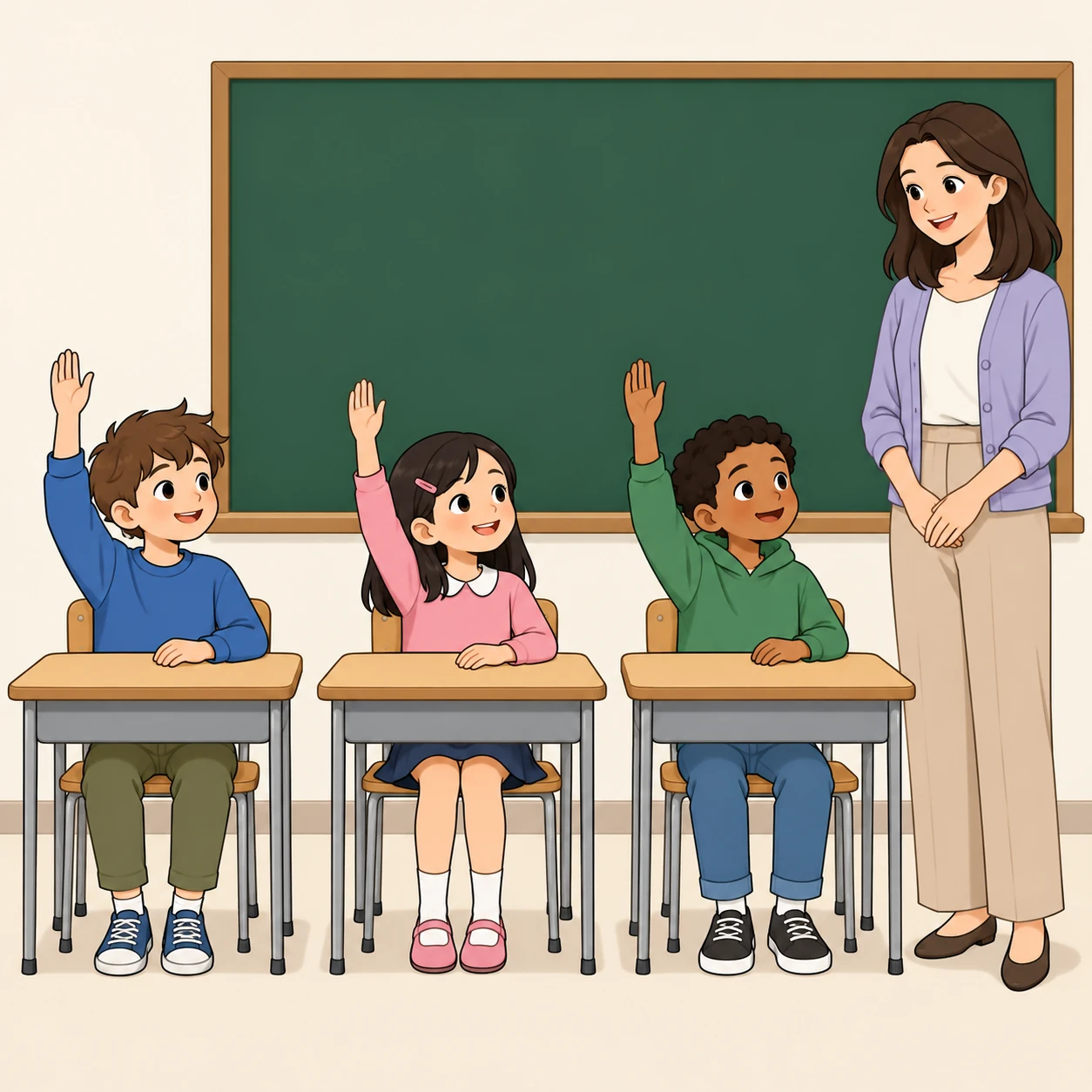 칠판 앞에서 손을 드는 학생들 일러스트 (심플 라인아트)