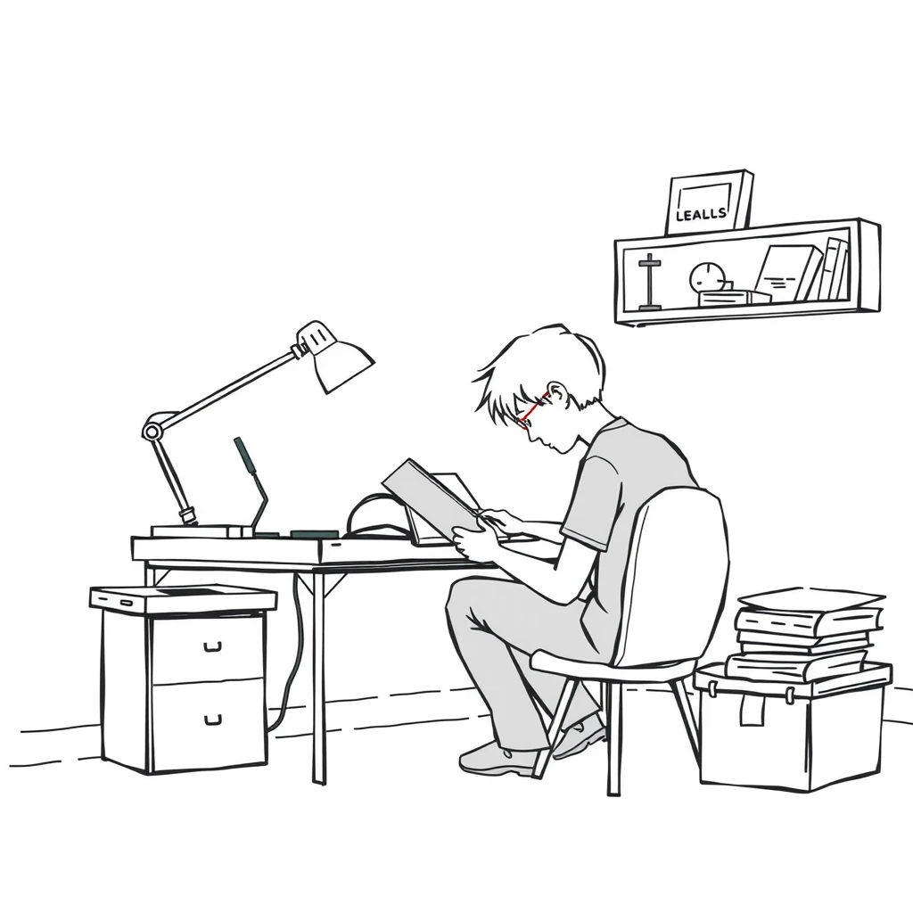 学生・勉強・本・机・デスクライトのイラスト