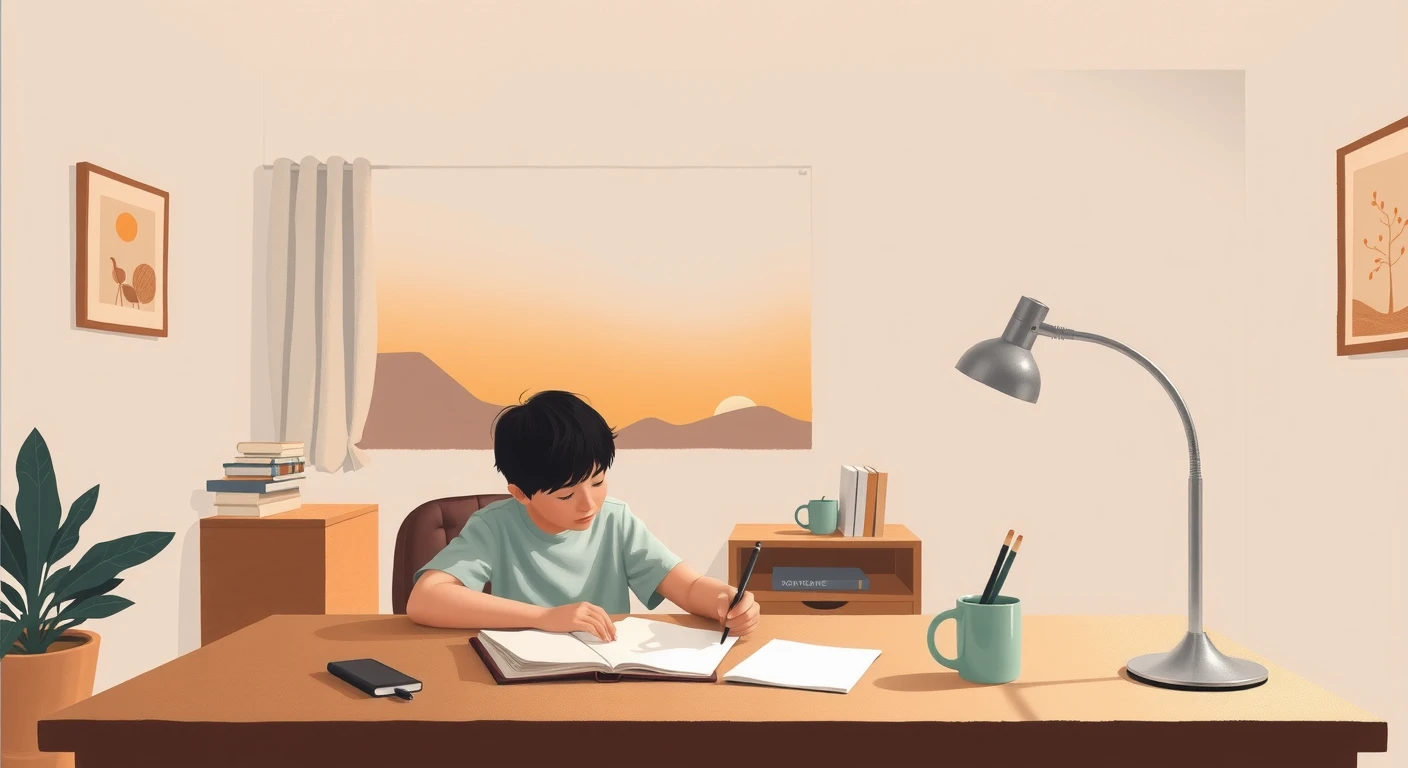 学生・勉強・本・机・デスクライトのイラスト
