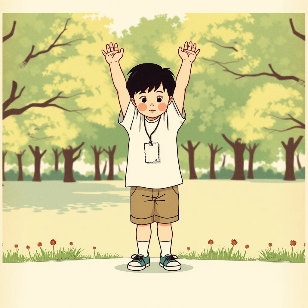 夏の朝に体操をする子どものイラスト