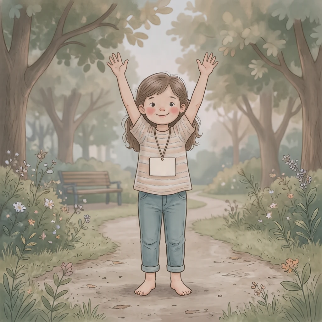 夏の朝に体操をする子どものイラスト（ソフトパステル）