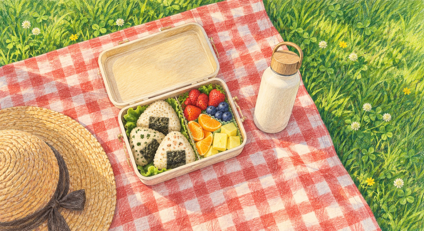 Illustration of a lunch box, water bottle and straw hat on a picnic sheet (colored pencil)