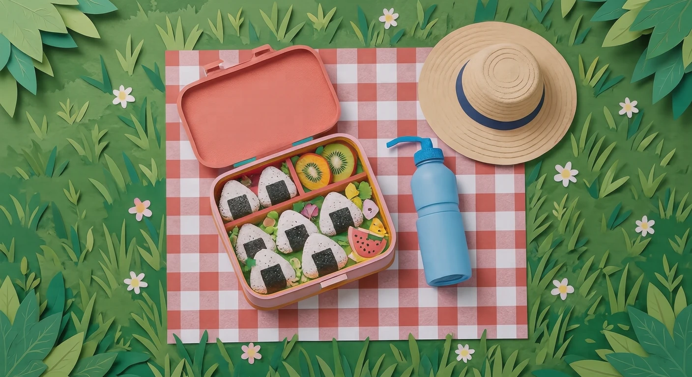 Illustration of a lunch box, water bottle and straw hat on a picnic sheet (paper cut-out)
