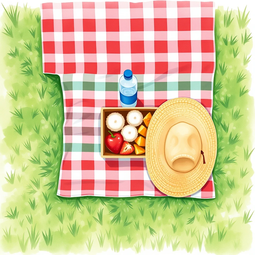 レジャーシートのお弁当と水筒と麦わら帽子の水彩イラスト