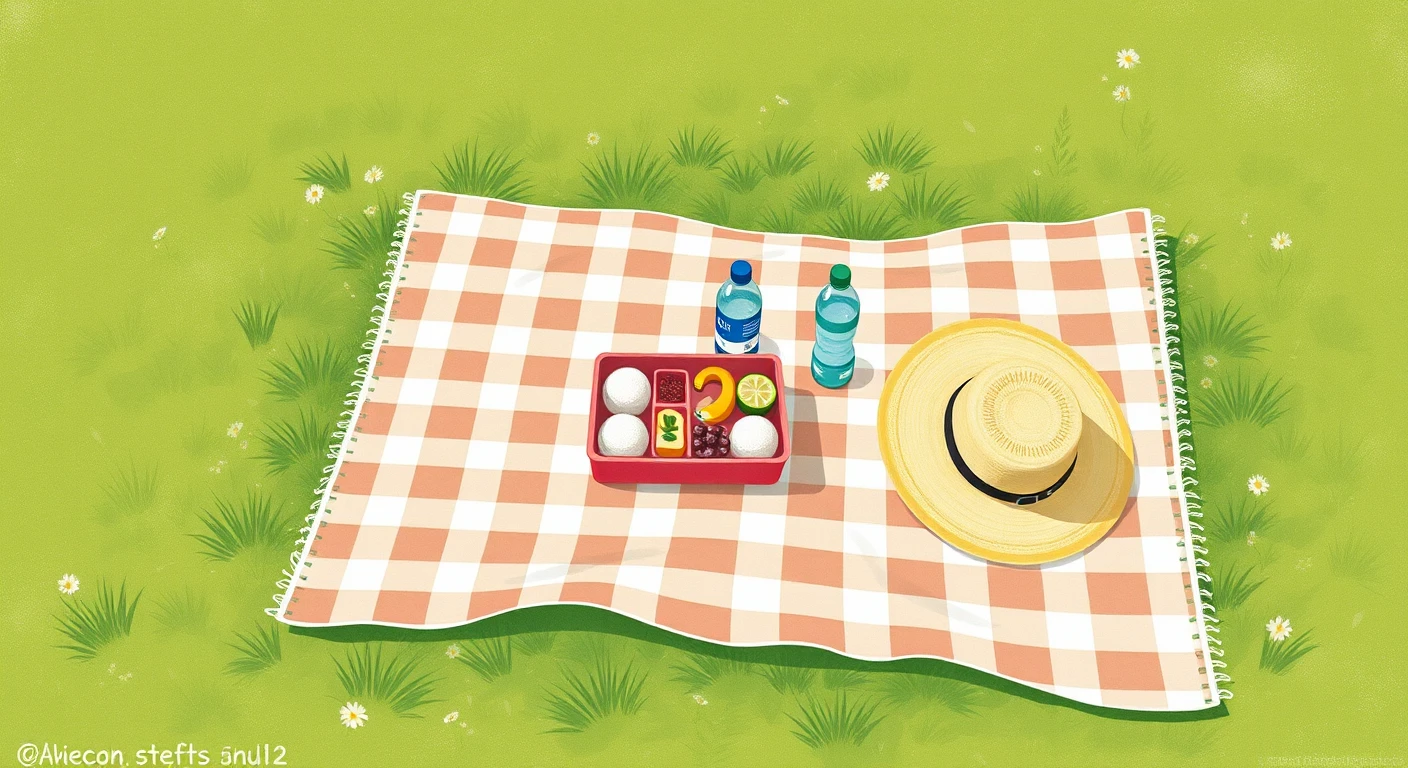 レジャーシートのお弁当と水筒と麦わら帽子のグアッシュ画風イラスト