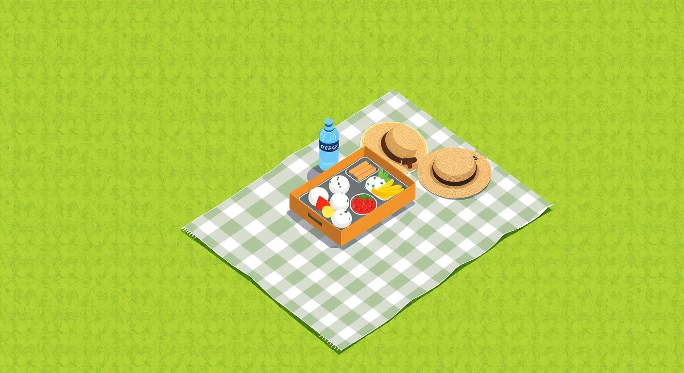 レジャーシートのお弁当と水筒と麦わら帽子のアイソメトリックイラスト