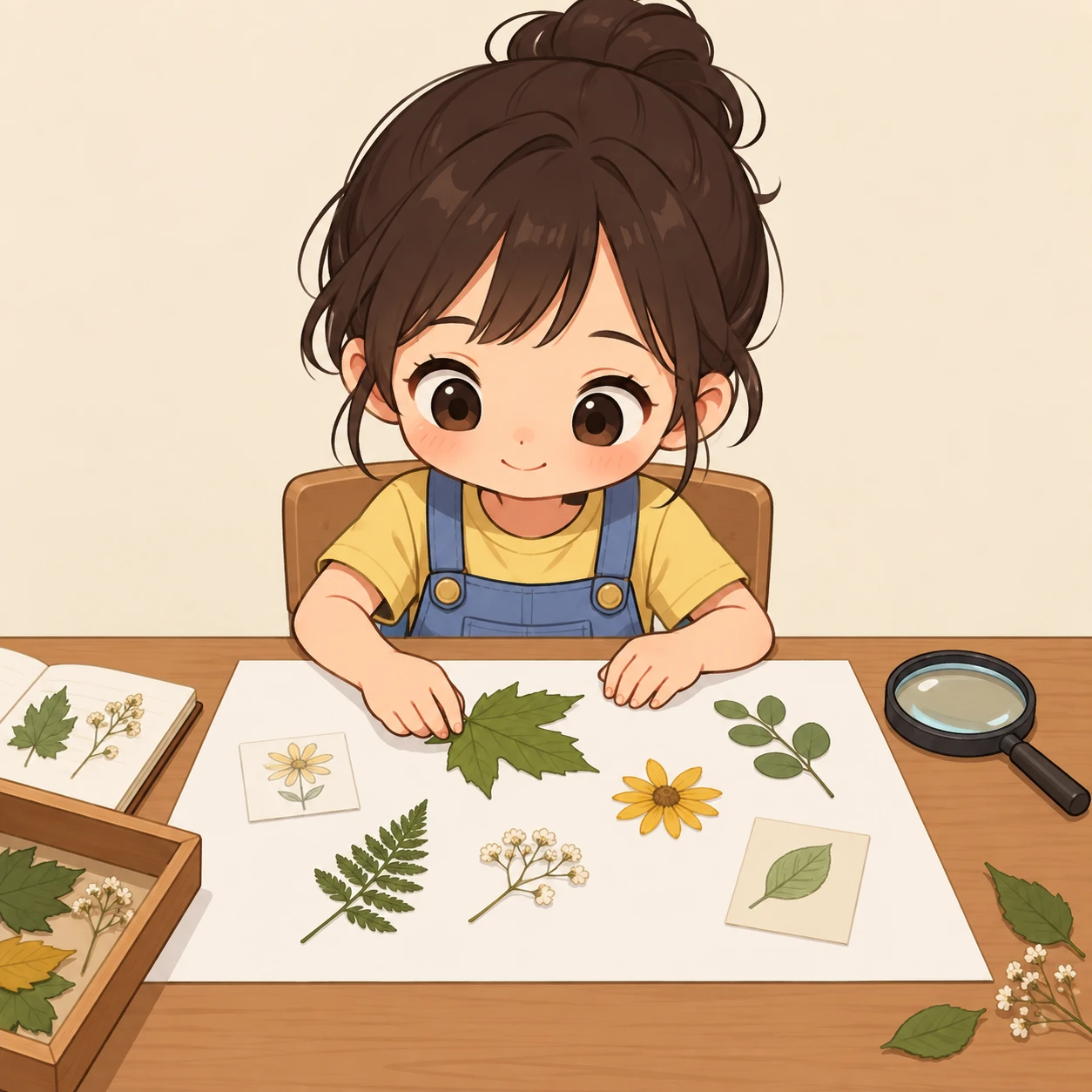 夏休みの自由研究をまとめる子どものイラスト（デフォルメ）