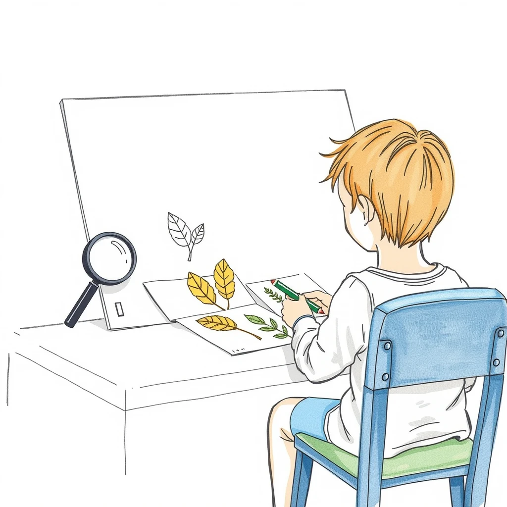 夏休みの自由研究をまとめる子どものイラスト