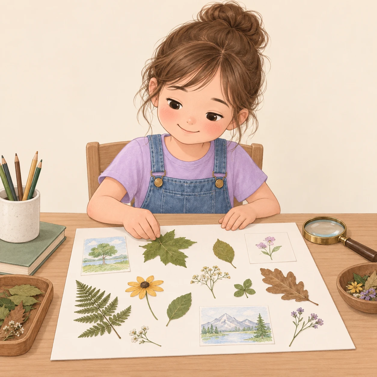 夏休みの自由研究をまとめる子どものイラスト（ソフトパステル）