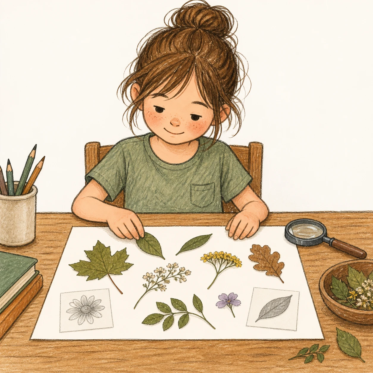 夏休みの自由研究をまとめる子どものイラスト（手描き風）