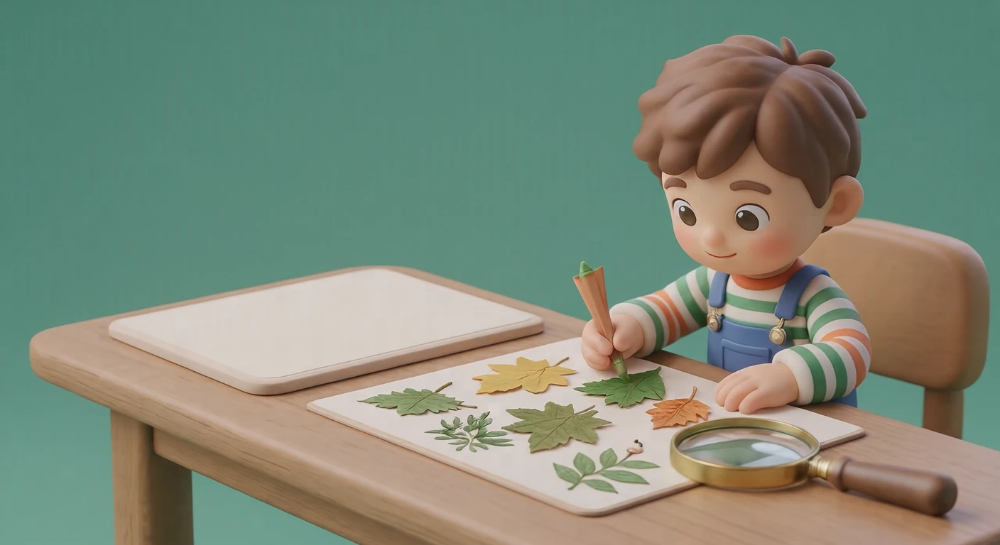 여름방학 자유 연구를 정리하는 아이 일러스트 (소프트 3D)