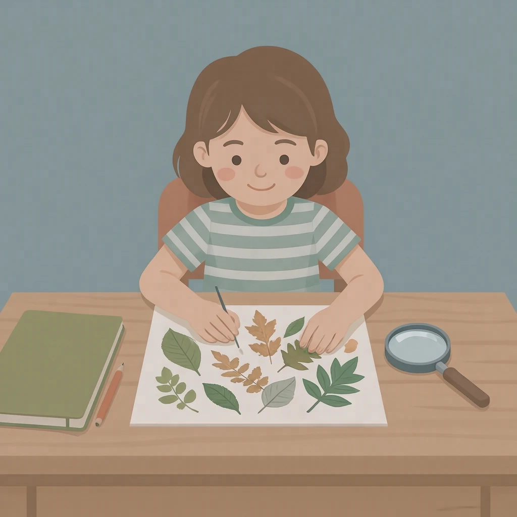 여름방학 자유 연구를 정리하는 아이 일러스트 (플랫 일러스트)
