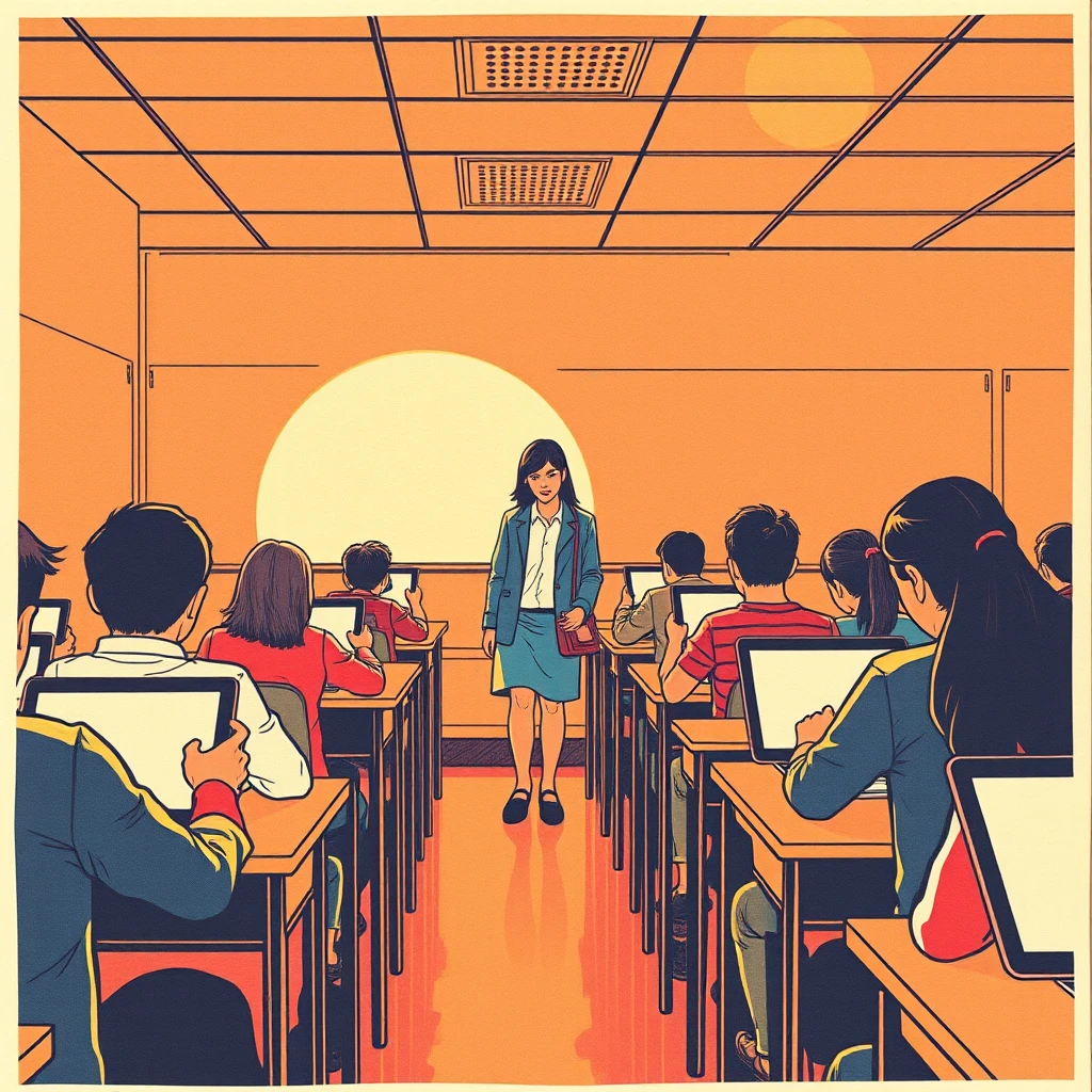 タブレットを使って学習する生徒たちのイラスト