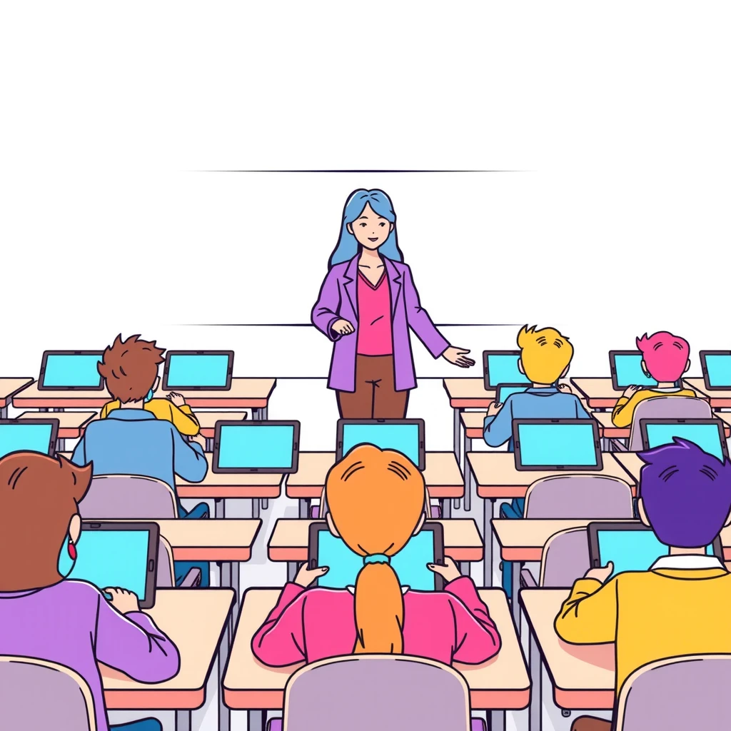 タブレットを使って学習する生徒たちのイラスト