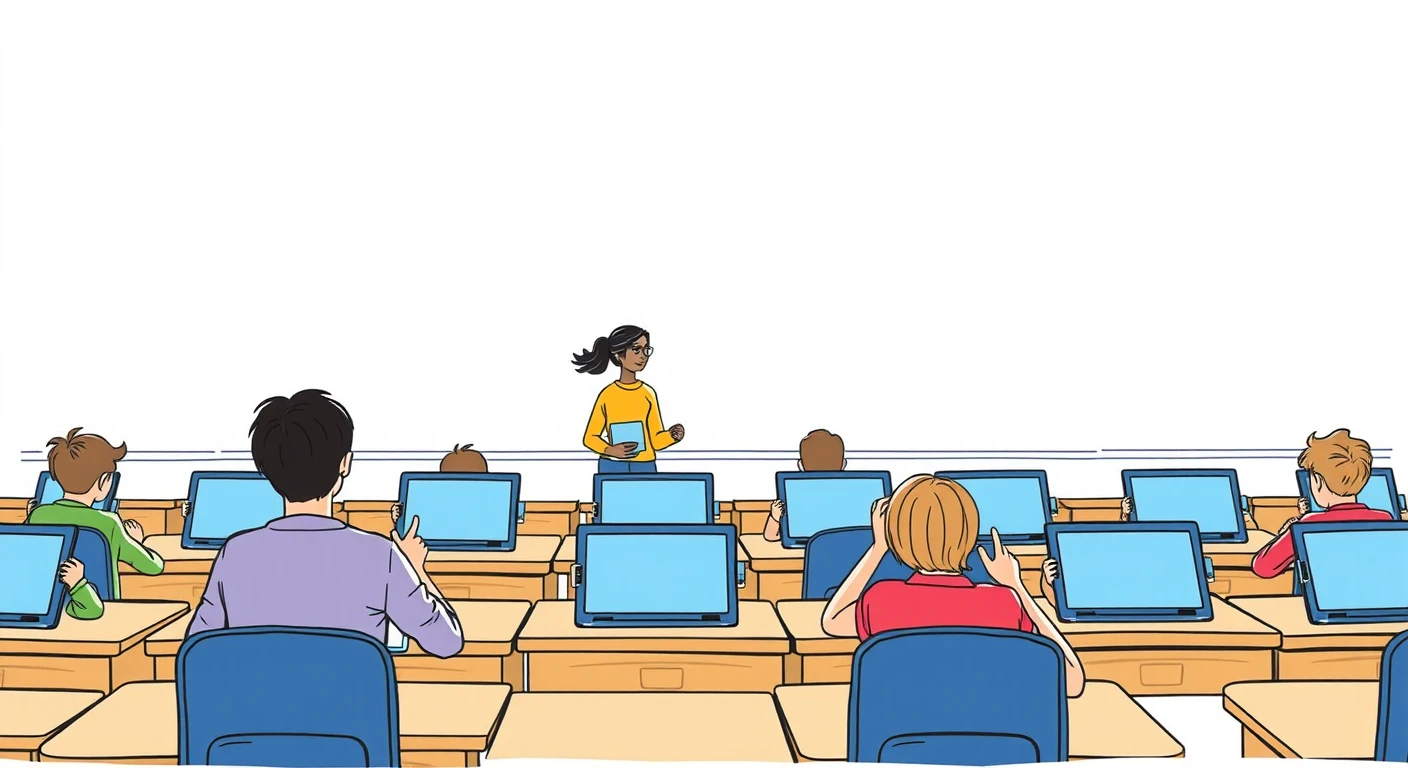 タブレットを使って学習する生徒たちのイラスト