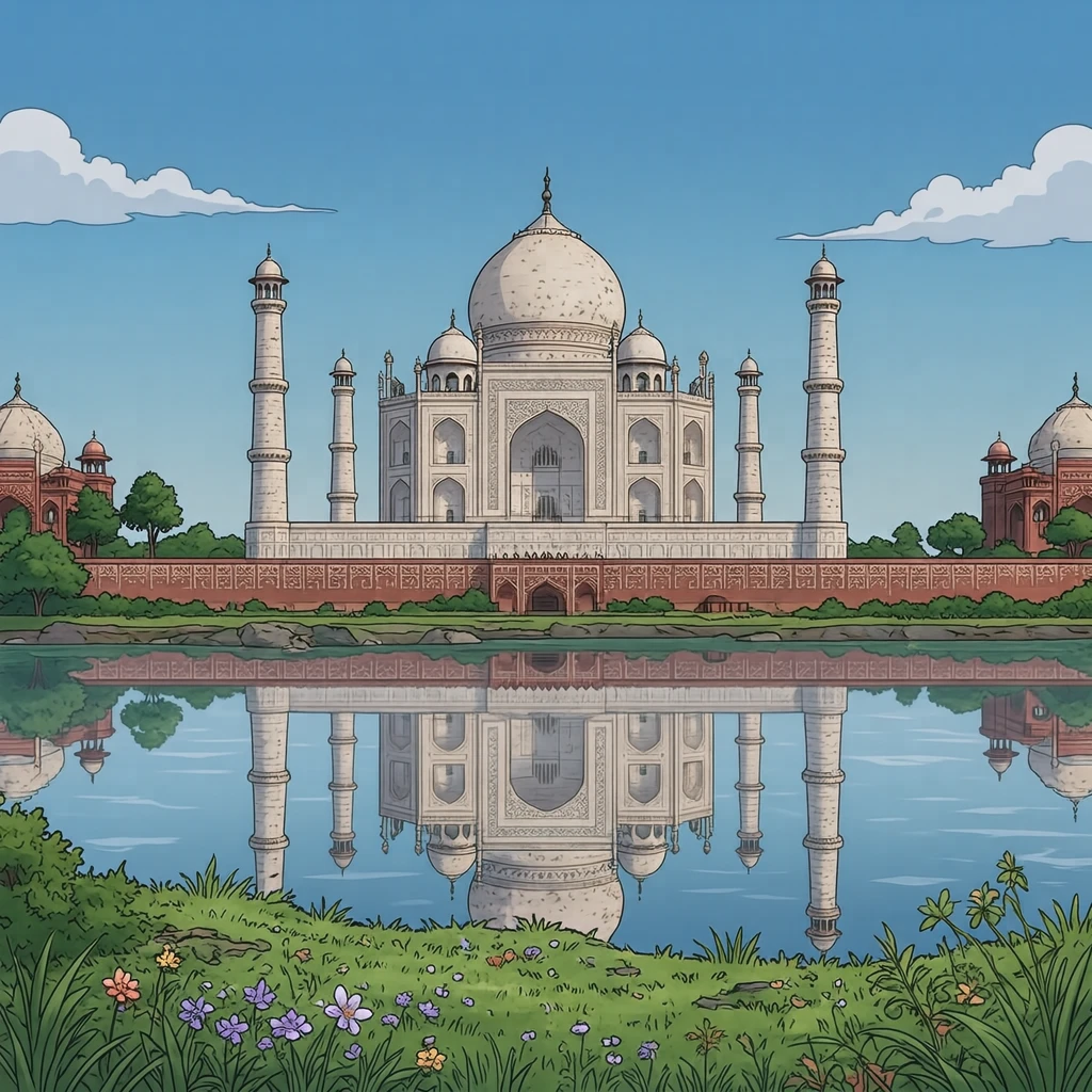 Illustration of the Taj Mahal, a World Heritage Site, seen across the river (anime cel-shaded)