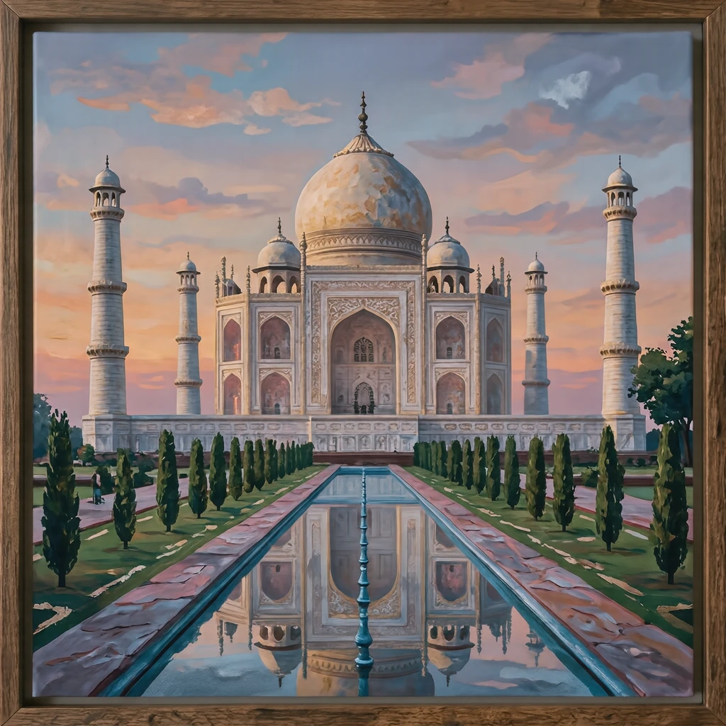 Illustration of the Taj Mahal, a World Heritage Site, at sunset (gouache)