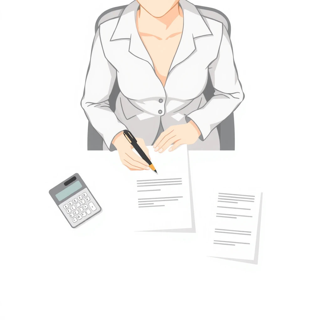電卓で計算しながら確定申告の書類を記入する人のフラットイラスト
