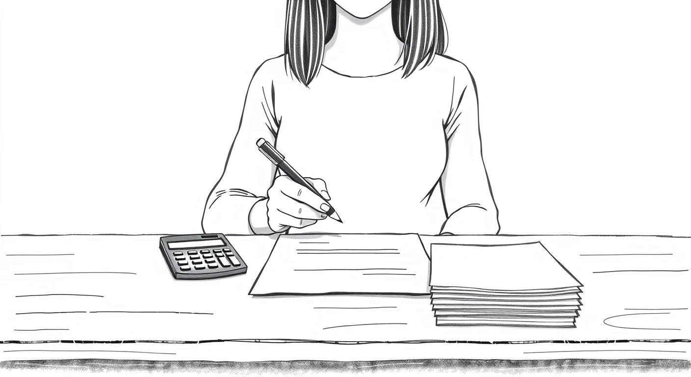 電卓で計算しながら確定申告の書類を記入する人の色鉛筆風イラスト