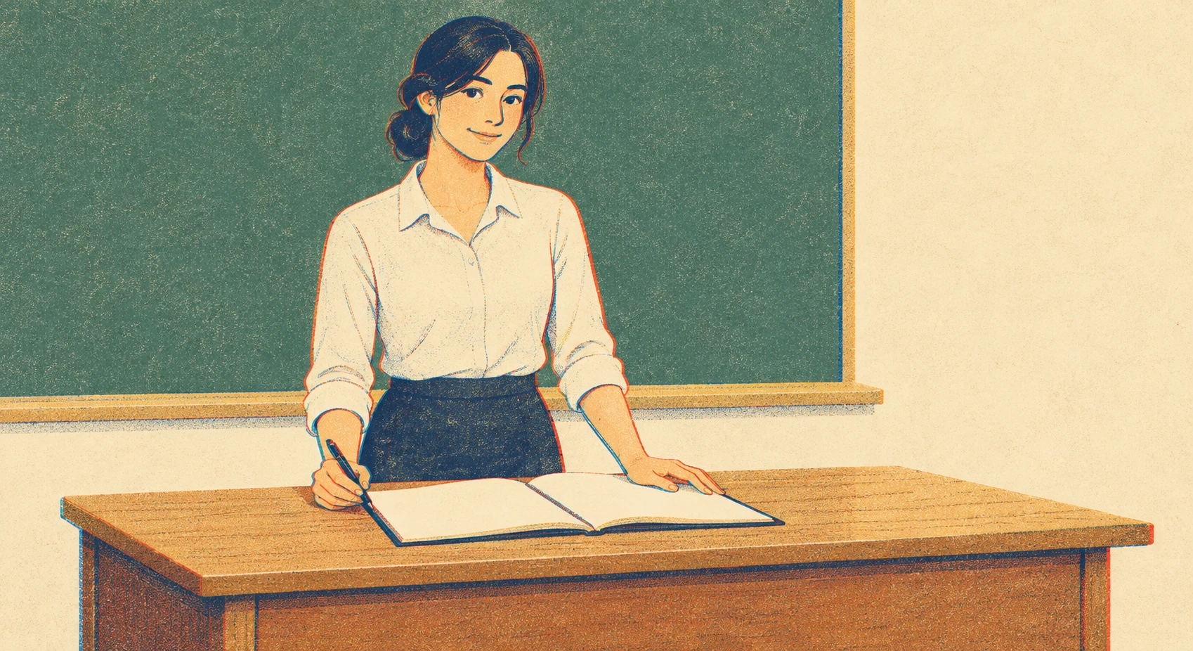 Illustration of a teacher opening the attendance book at the teacher's desk (retro print)