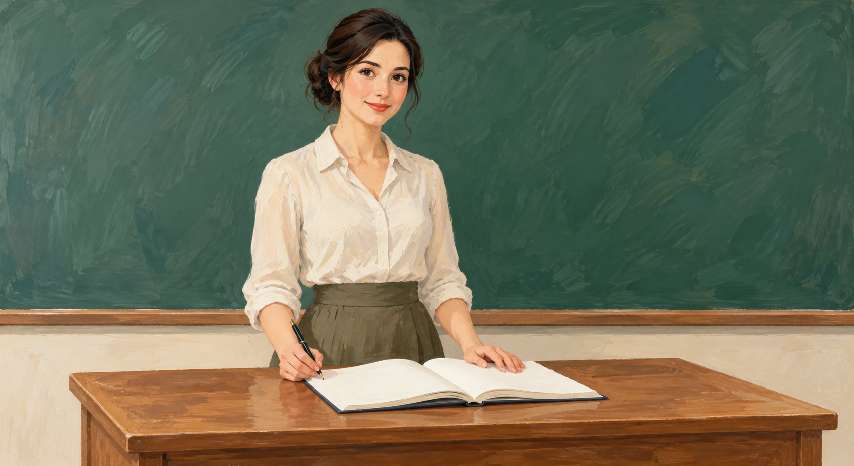 Illustration of a teacher opening the attendance book at the teacher's desk (gouache)