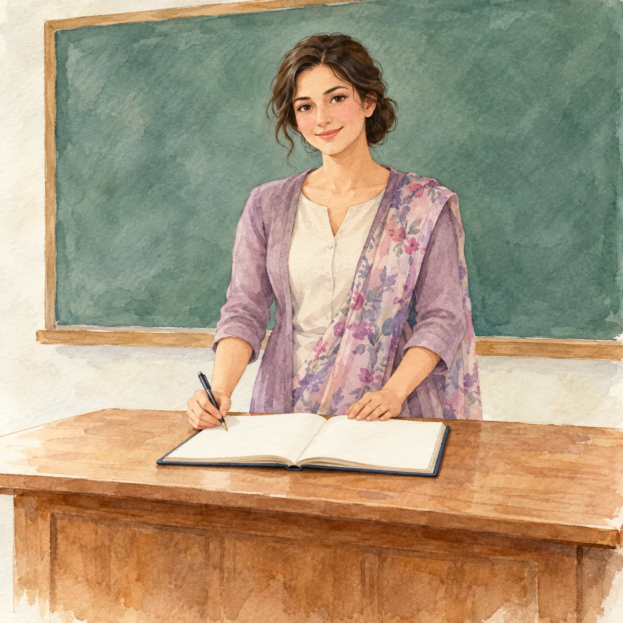 Illustration of a teacher opening the attendance book at the teacher's desk (watercolor)