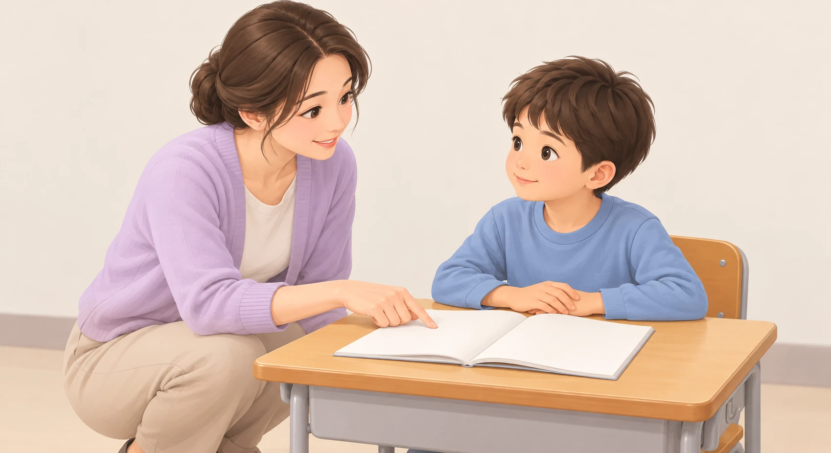 生徒の机の横にしゃがんで教える先生のイラスト(ソフトパステル)