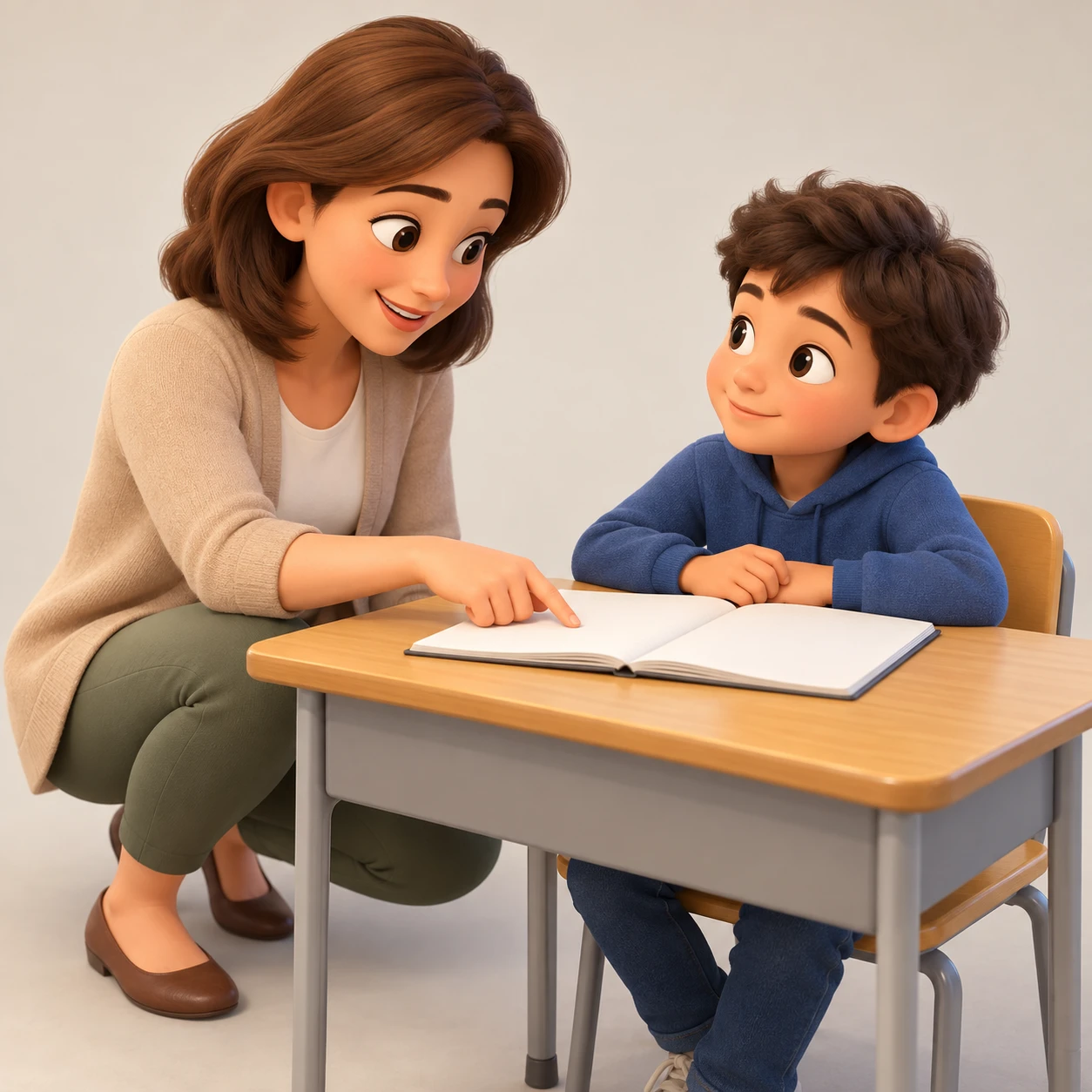 Illustration of a teacher crouching beside a student's desk to help (soft 3D)