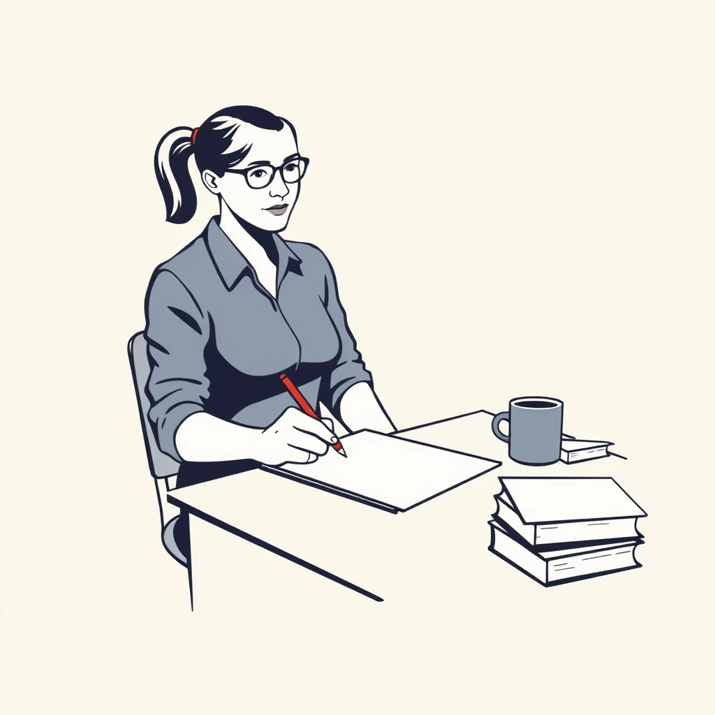 職員室で答案に丸を付ける先生のイラスト