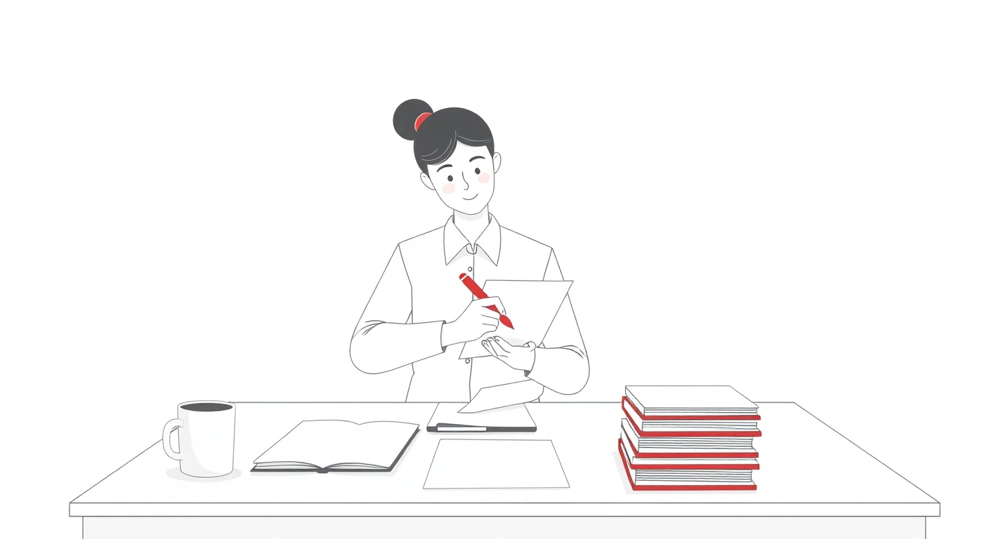 職員室で答案に丸を付ける先生のイラスト