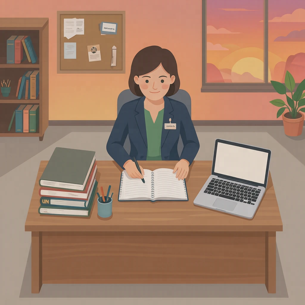 授業の準備をする先生のイラスト（フラットイラスト）