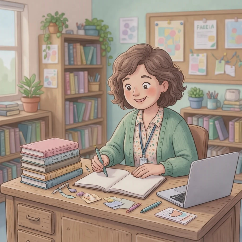 授業の準備をする先生のイラスト（ソフトパステル）