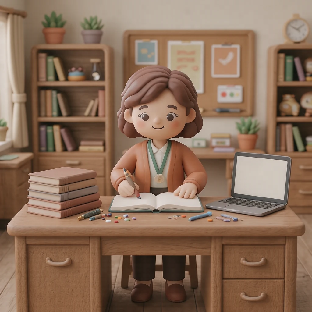 授業の準備をする先生のイラスト（ソフト3D）