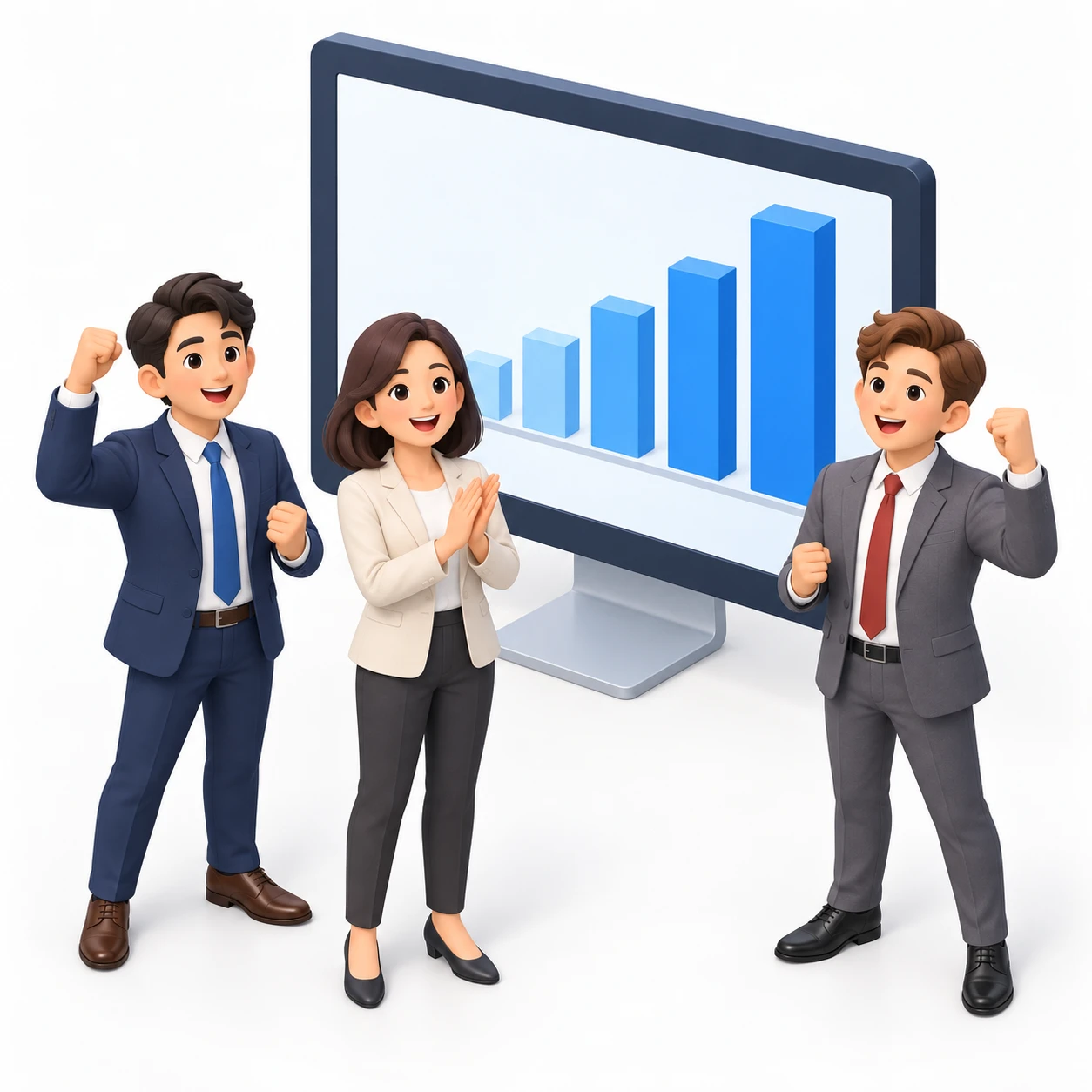 売上のグラフを見て喜ぶ会社員たちのイラスト(アイソメトリック)
