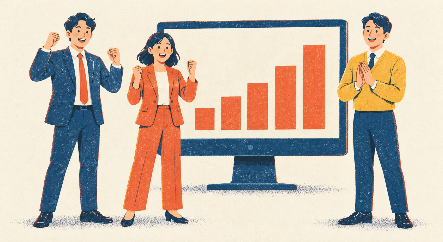 売上のグラフを見て喜ぶ会社員たちのイラスト(レトロ印刷)