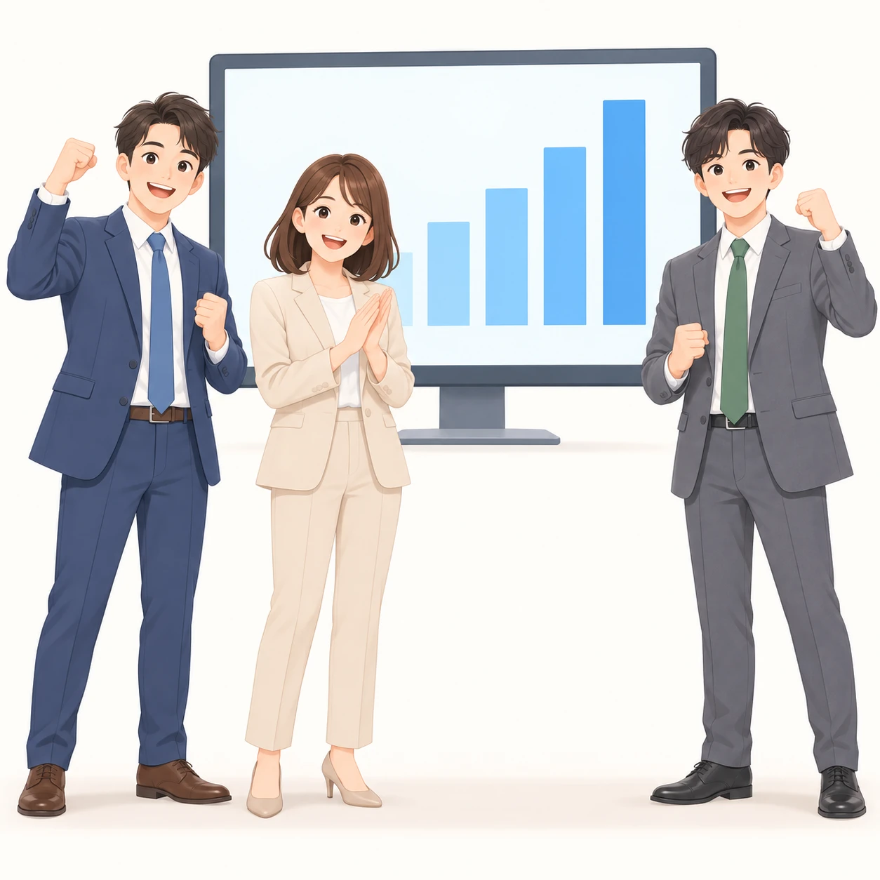 Illustration of office workers celebrating a rising sales graph (soft pastel)