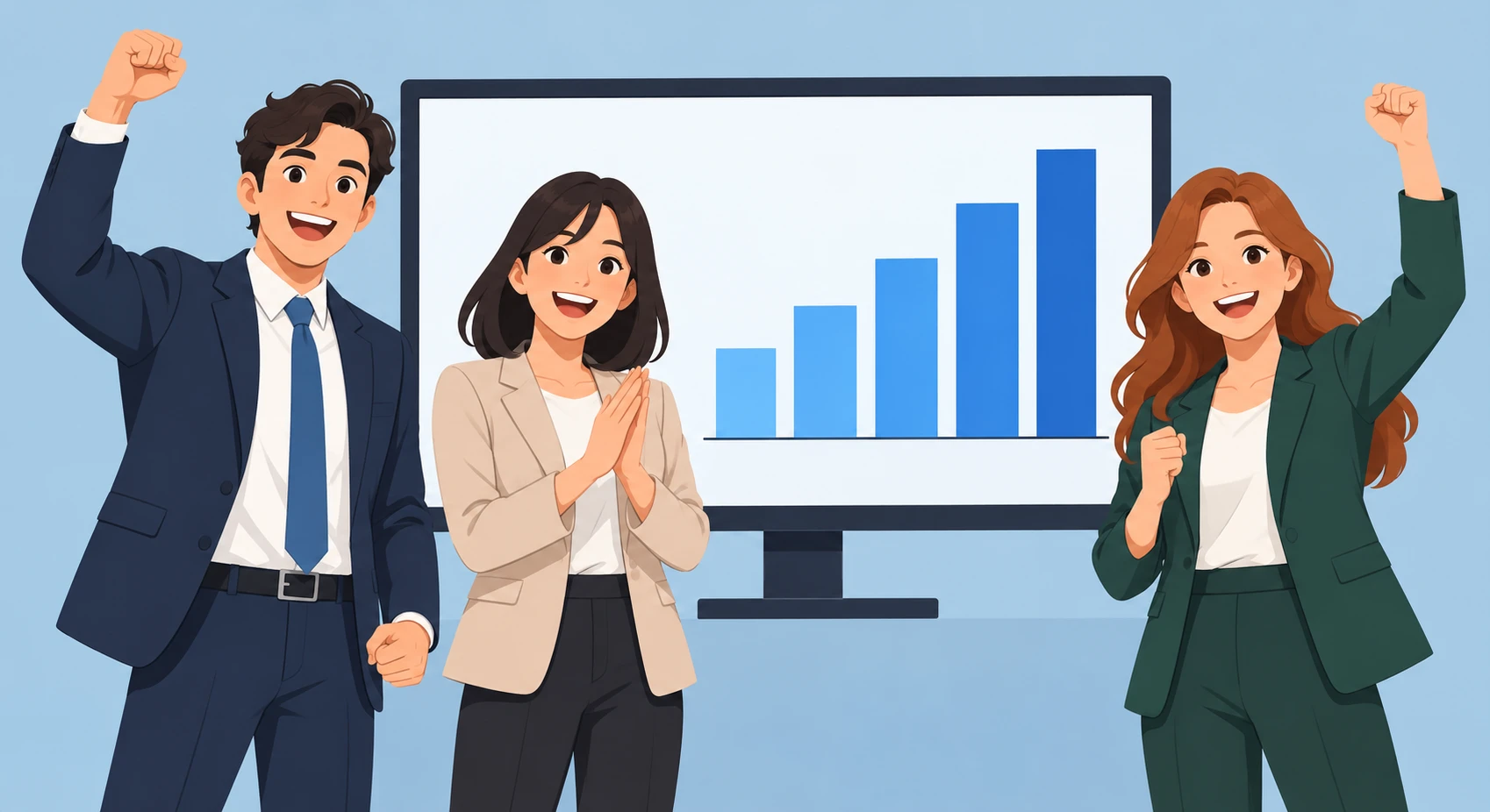 売上のグラフを見て喜ぶ会社員たちのイラスト（グラフィックポスター）