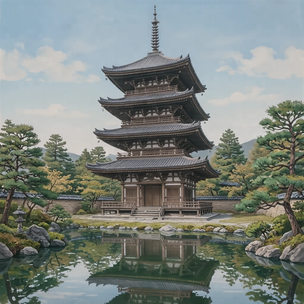 世界遺産・東寺の五重塔のイラスト(グアッシュ)