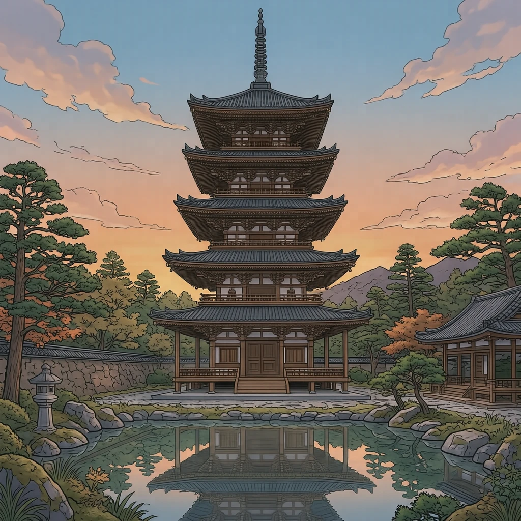 世界遺産・東寺の五重塔のイラスト(アニメ塗り)