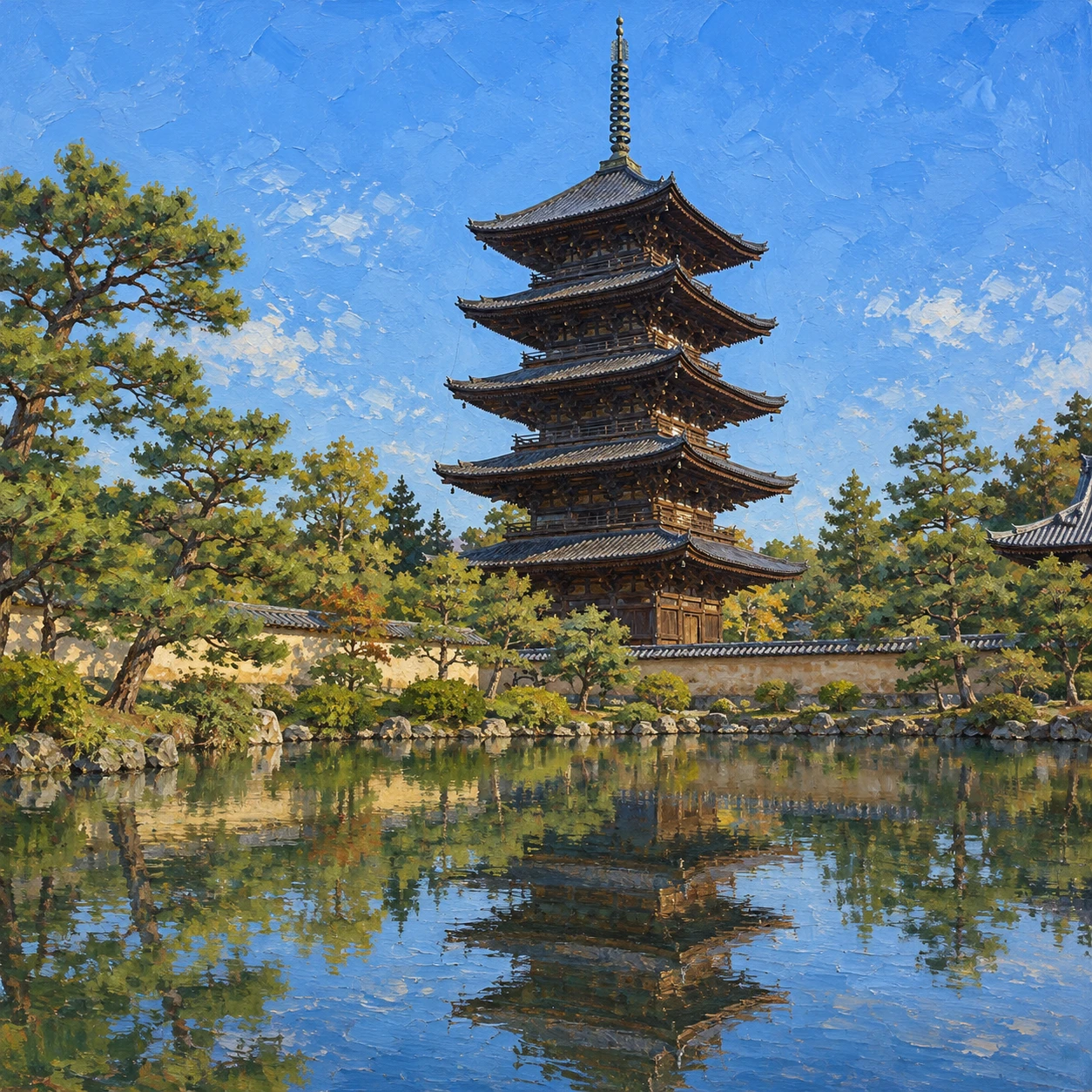 世界遺産・東寺の五重塔のイラスト（油彩）