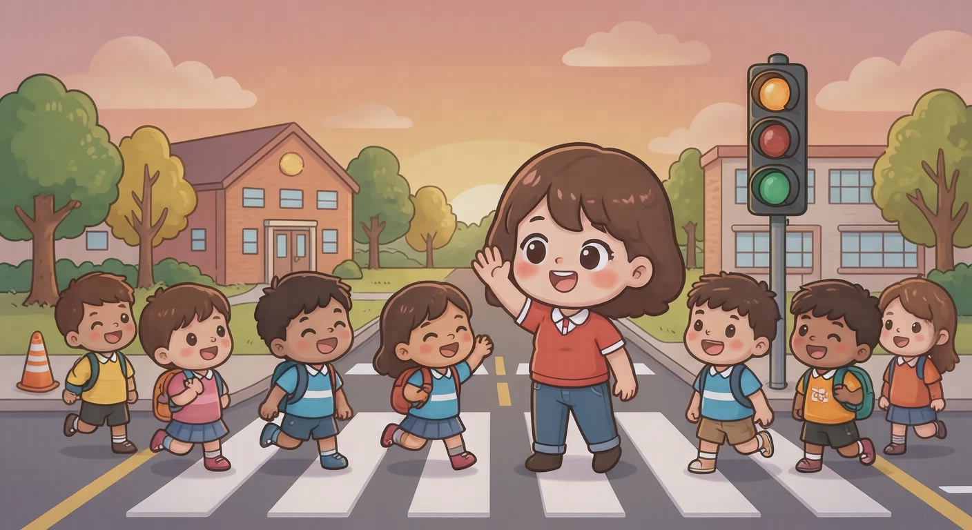 横断歩道の渡り方を子どもたちに教える交通安全教室のイラスト（デフォルメ）