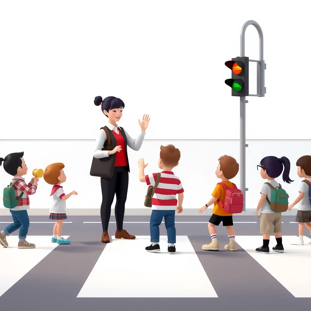 横断歩道の渡り方を子どもたちに教える交通安全教室のソフトな3Dイラスト