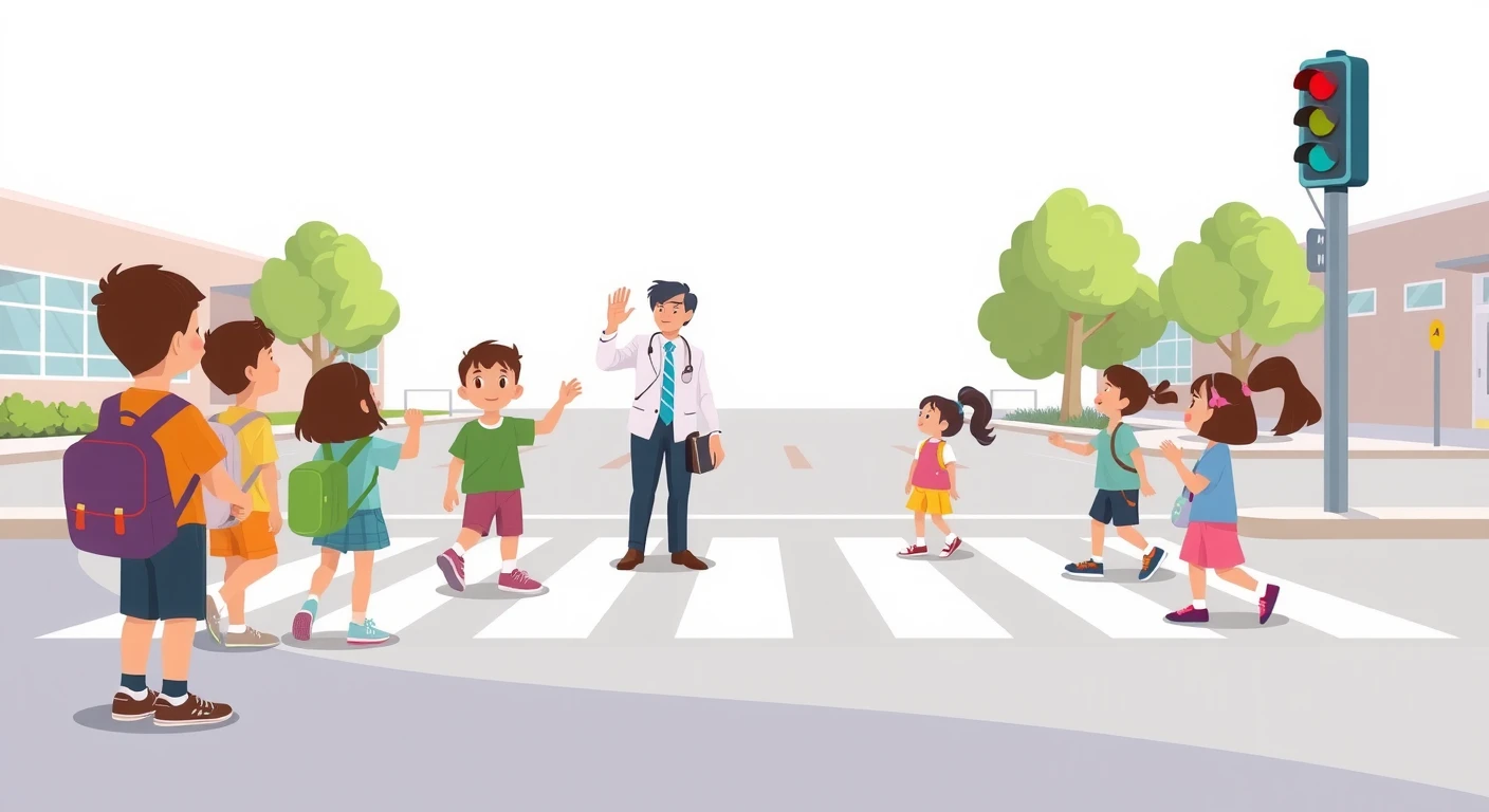 横断歩道の渡り方を子どもたちに教える交通安全教室のパステル調のイラスト