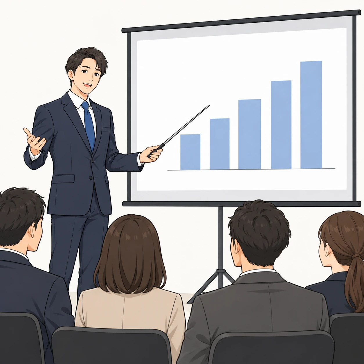 Illustration of an instructor giving a lecture at a training seminar (simple line art)