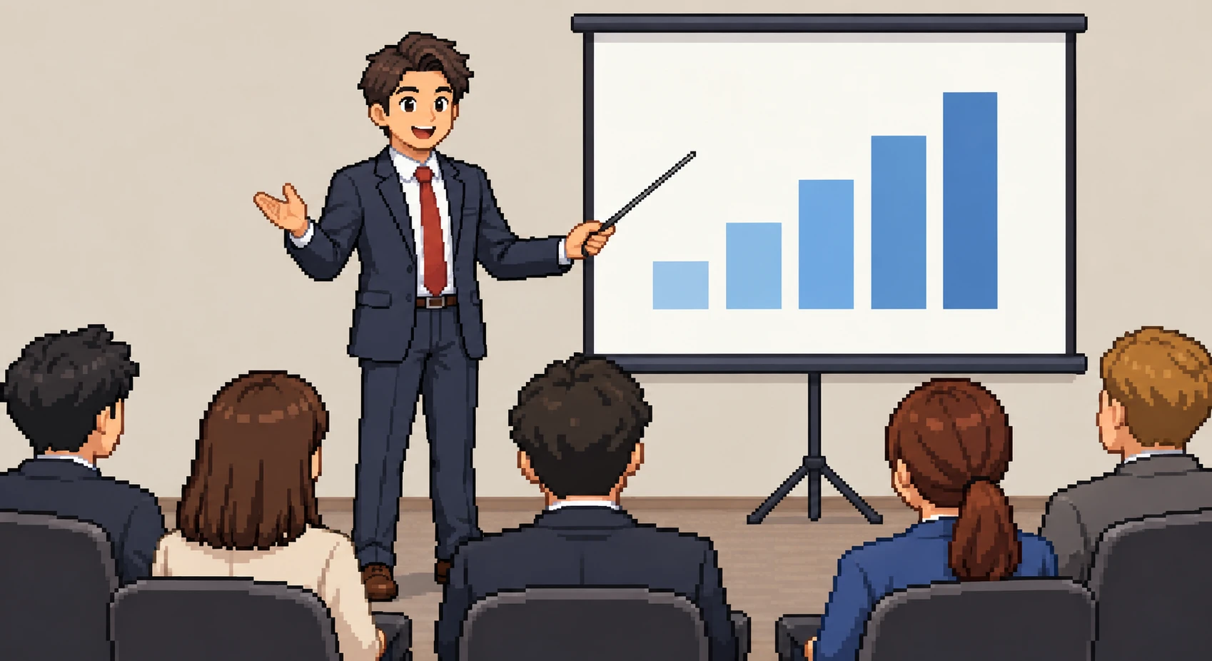 Illustration of an instructor giving a lecture at a training seminar (pixel art)