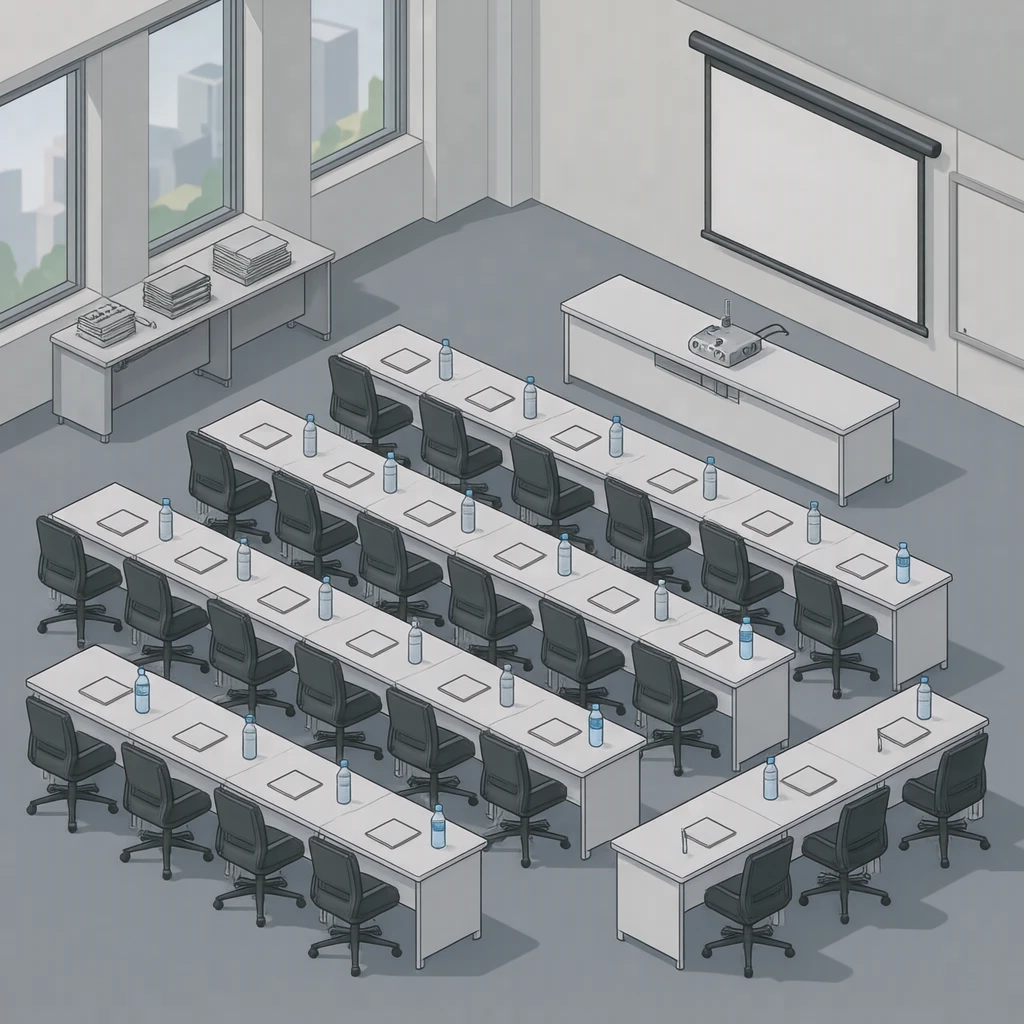 研修会場の机と資料のイラスト(アイソメトリック)