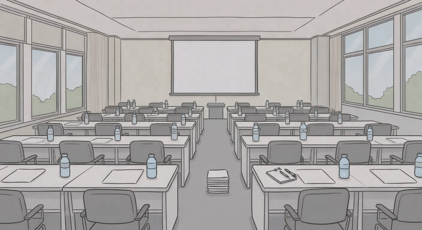 研修会場の机と資料のイラスト(ゆるいイラスト)