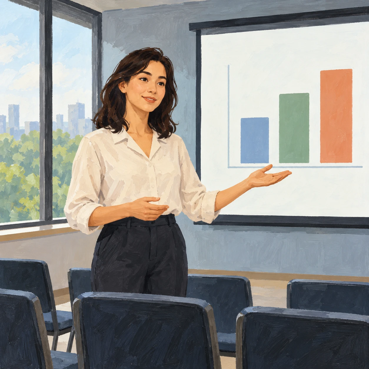 社内研修で発表する人のイラスト（グアッシュ）