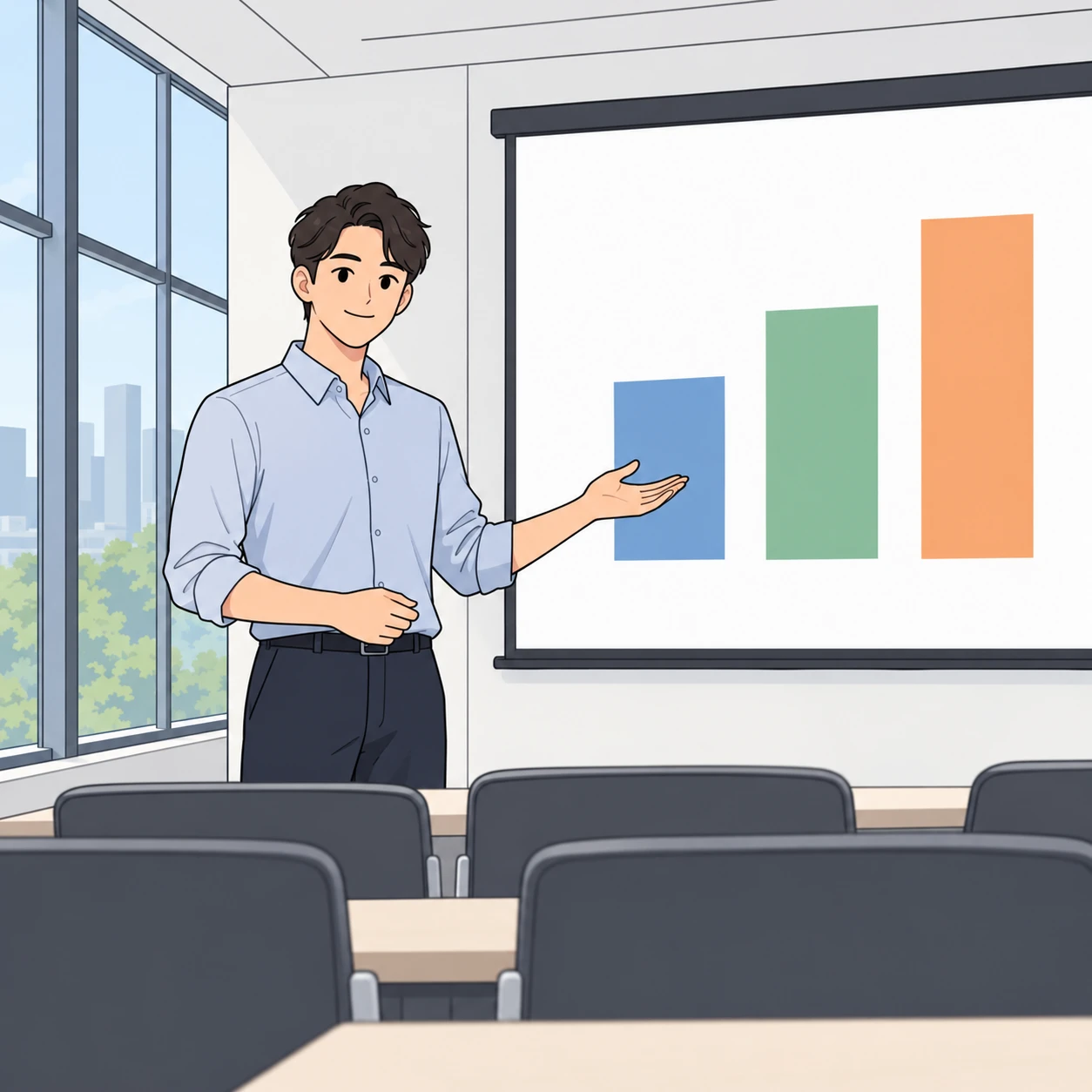 Illustration of a person presenting at a company training session (simple line art)